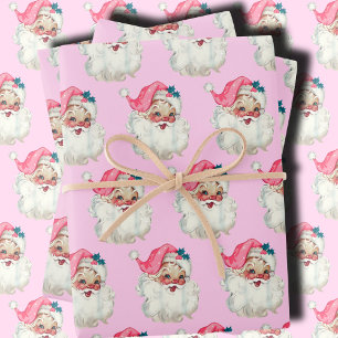 Pink Santa Face, Vintage Pink Santa, Pink Gift Wrapping Paper Sheets