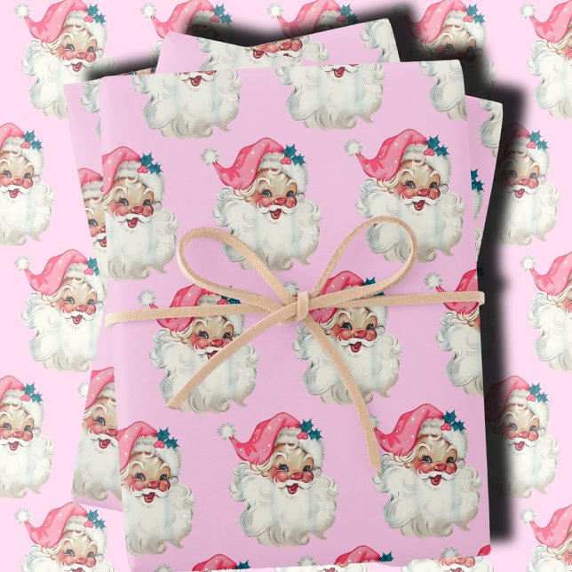 Pink Santa Face, Vintage Pink Santa, Pink Gift Wrapping Paper Sheets (Creator Uploaded)