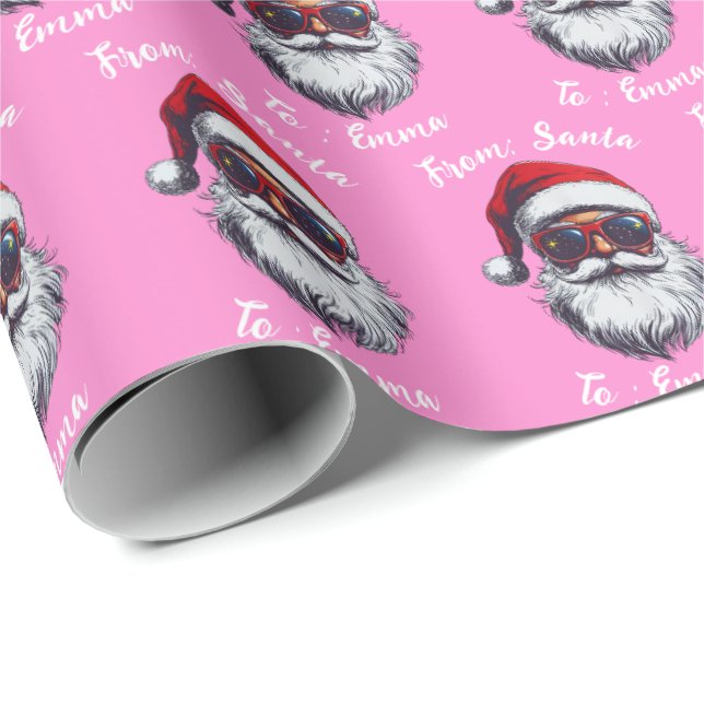 Pink Santa Gift Wrap, Custom Name Christmas Pink Wrapping Paper (Roll Corner)