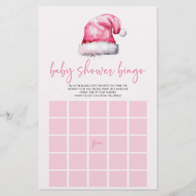 Pink Santa Hat Christmas Bingo Baby Shower Game Stationery
