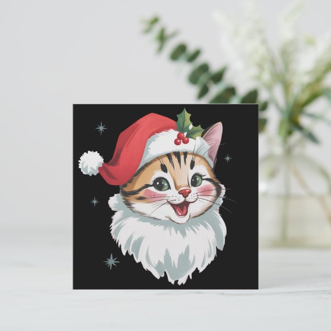 Pink Santa Hat Retro Cute Kitty Cat Christmas  Holiday Card (Standing Front)