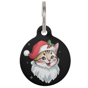 Pink Santa Hat Retro Cute Kitty Cat Christmas Pet ID Tag