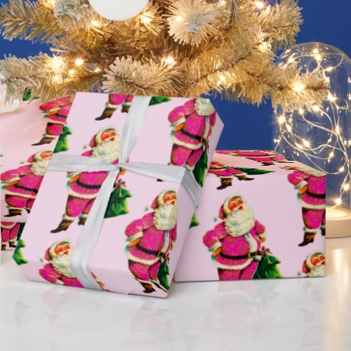 Pink Santa on Pale Pink Christmas Wrapping Paper