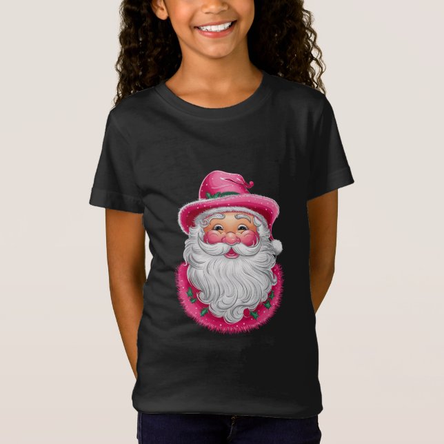 Pink Santa Retro Christmas Matching Family Party T-Shirt (Front)