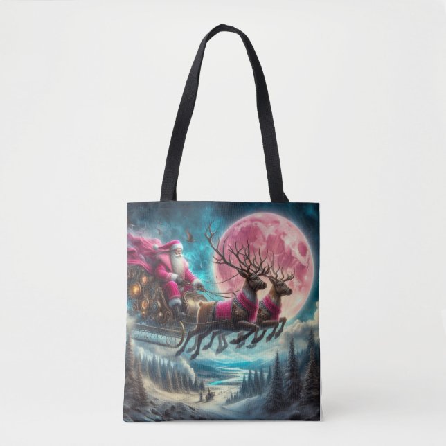 Pink Santa Traveling the Night Sky Tote Bag (Front)