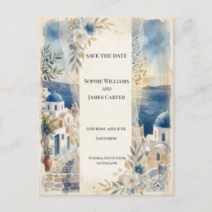 Pink Santorini Floral Save The Date Postcard