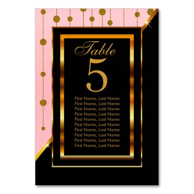 Pink Satin and Gold Confetti Dot Strings Table Number (Back)