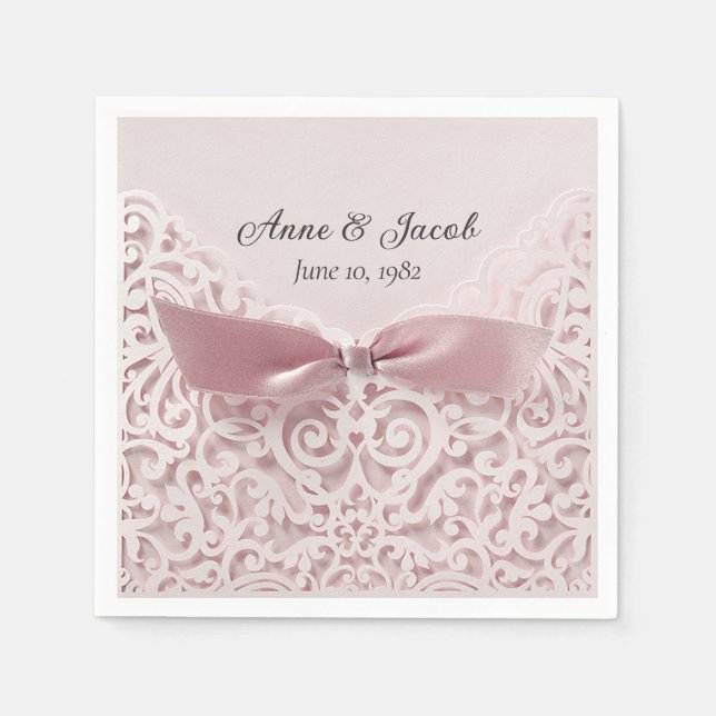 Pink Satin Bow On Lace for Anniversary Napkins (Front)
