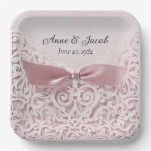Pink Satin Bow On Lace for Anniversary Paper Plates