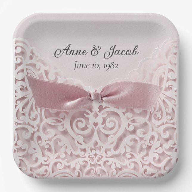 Pink Satin Bow On Lace for Anniversary Paper Plates (Front)