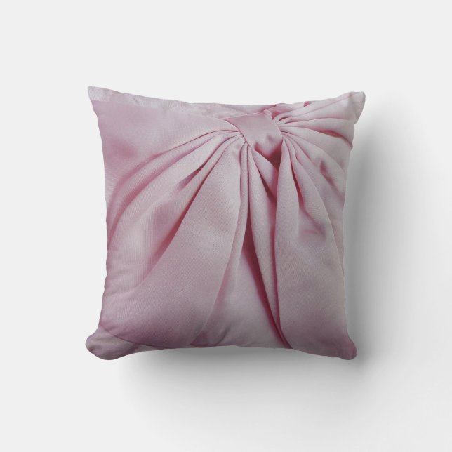 Pink Satin Bow Throw Pillow (Front)