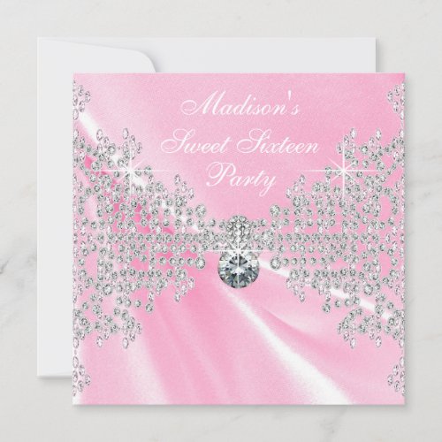 Pink Satin Diamonds Pink Sweet 16 Birthday Party Custom Announcement