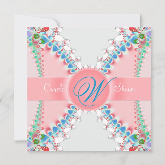 Pink Satin Fractal Butterfly Wedding Invitation (Front)