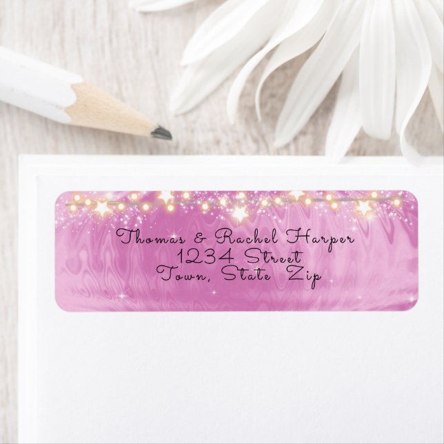 Pink Satin Gold Stars Sparkling White Glitter  Label (Insitu)
