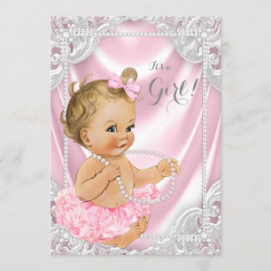 Pink Satin Pearl Baby Girl Shower Invitation