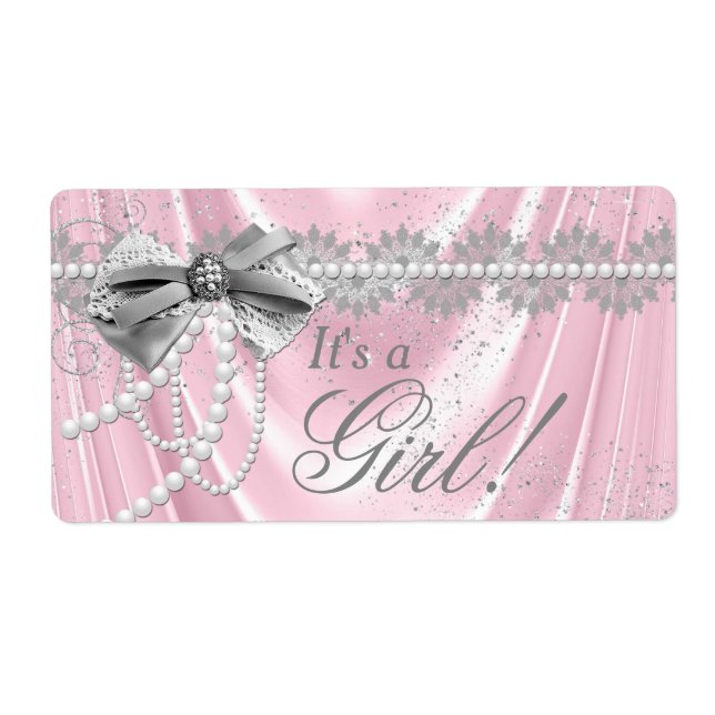 Pink Satin Pearl Baby Shower Water Bottle Labels (Front)