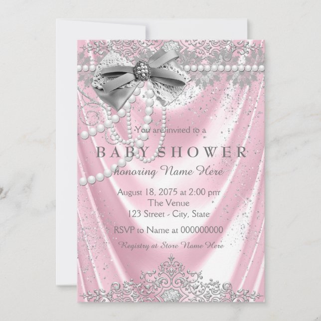 Pink Satin Pearl Girly Baby Shower Invitation (Front)