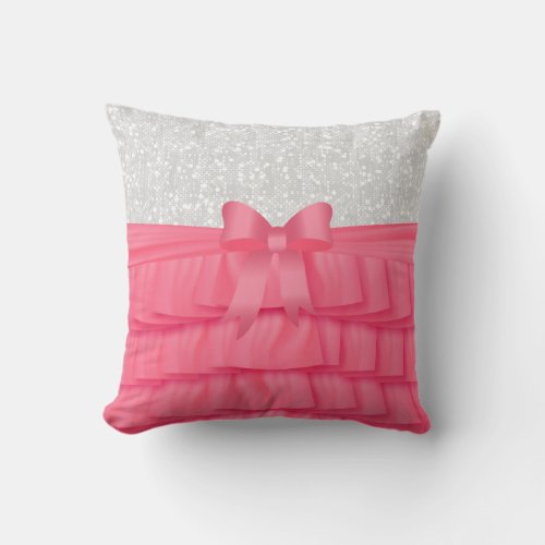 Pink Satin Ruffle  Bow with White Glitter Throw Pillow