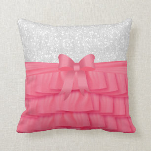 Pink Satin Ruffle & Bow with White Glitter Throw Pillow