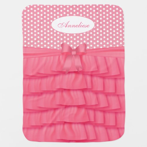 Pink Satin Ruffles and Bow with Polka Dots Stroller Blanket