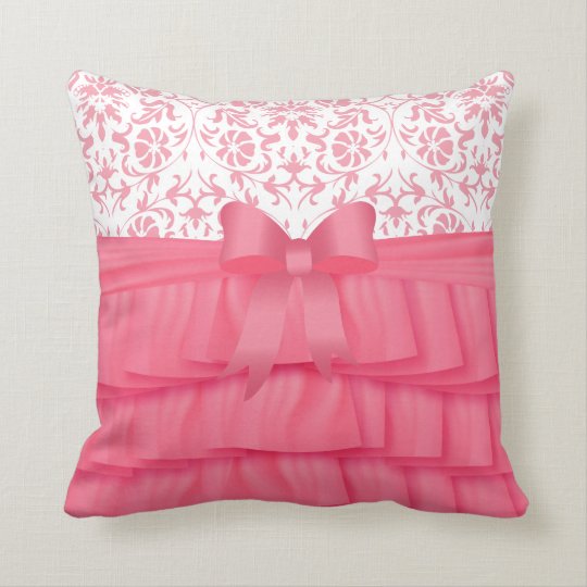 Pink Satin Ruffles & Pink Bow on Damask Throw Pillow