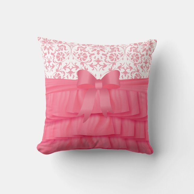 Pink Satin Ruffles & Pink Bow on Damask Throw Pillow (Front)