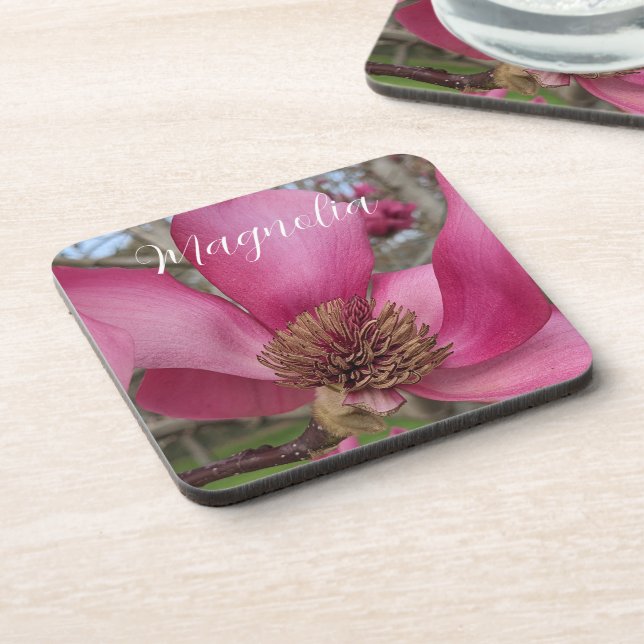 Pink Saucer Magnolia Blossom Floral Beverage Coaster (Left Side)