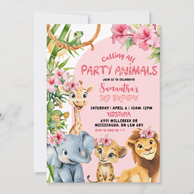 Pink Savannah Calling All Party Animals Birthday Invitation (Front)