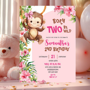 Pink Savannah Monkey Born Two Be Wild 2nd Birthday Invitation