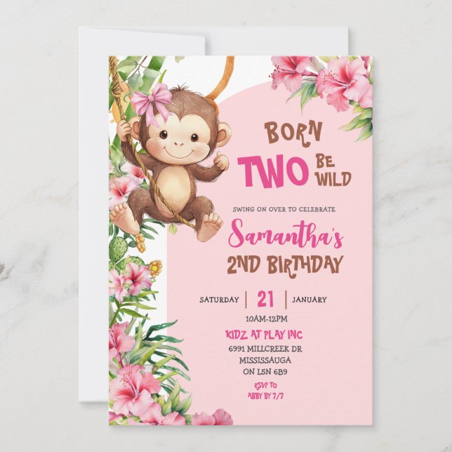 Pink Savannah Monkey Born Two Be Wild 2nd Birthday Invitation (Front)
