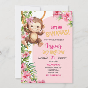 Pink Savannah Monkey Let's Go Bananas Birthday Invitation
