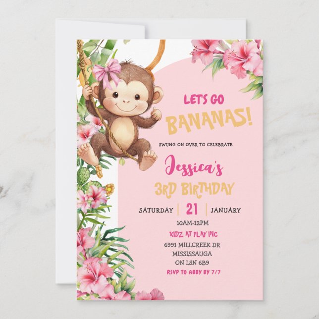 Pink Savannah Monkey Let's Go Bananas Birthday Invitation (Front)