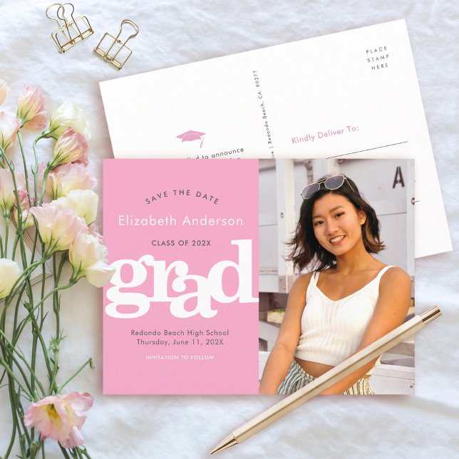 Pink save date graduation photo bold typography invitation postcard (Creator Uploaded)