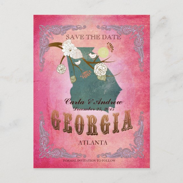 Pink Save The Date - Georgia Map With Lovely Birds Announcement Postcard (Front)