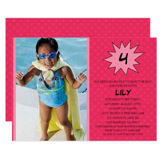 Pink Save The Day Superhero Photo Birthday Party Card