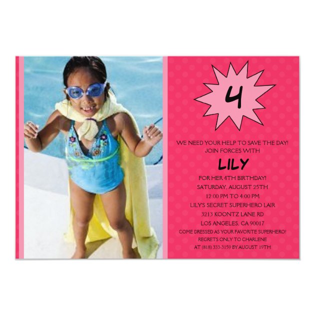 Pink Save The Day Superhero Photo Birthday Party Card