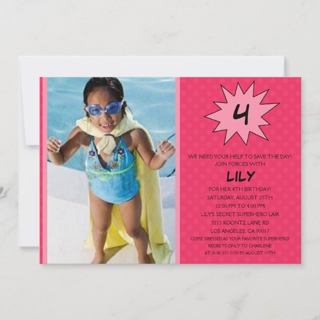 Pink Save the Day Superhero Photo Birthday Party Invitation (Front)