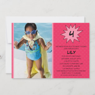 Pink Save the Day Superhero Photo Birthday Party Invitation