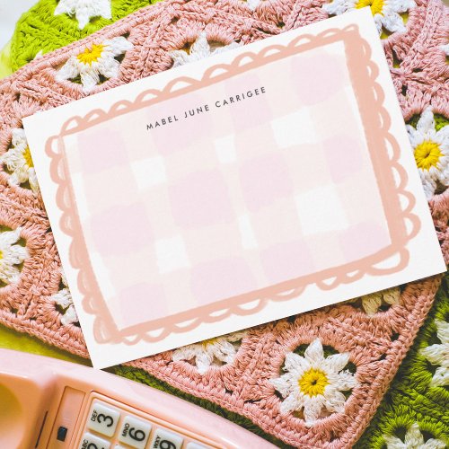 Pink Scallop Gingham Personalized Name Note Card