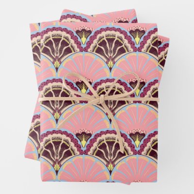 Pink Scallop Wrapping Paper Flat Sheet Set of 3