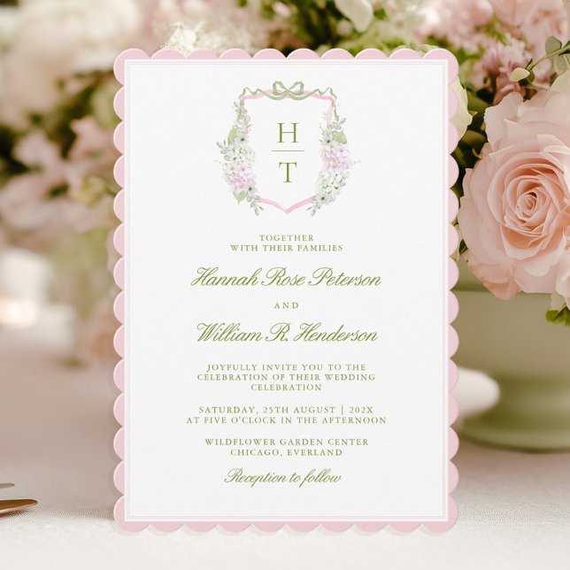 Pink Scalloped Hydrangea Crest Wedding Invitation (Creator Uploaded)