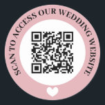 Pink Scan To Access Wedding Website Heart QR Code Classic Round Sticker<br><div class="desc">Wedding website QR code sticker in black,  pink,  and white with curved text and a white heart. Cute black,  pink and white wedding QR code sticker.</div>
