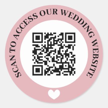 Pink Scan To Access Wedding Website Heart Qr Code Classic Round Sticker by Paperpaperpaper at Zazzle