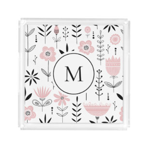 Pink Scandinavian Floral Pattern Monogram Acrylic Tray