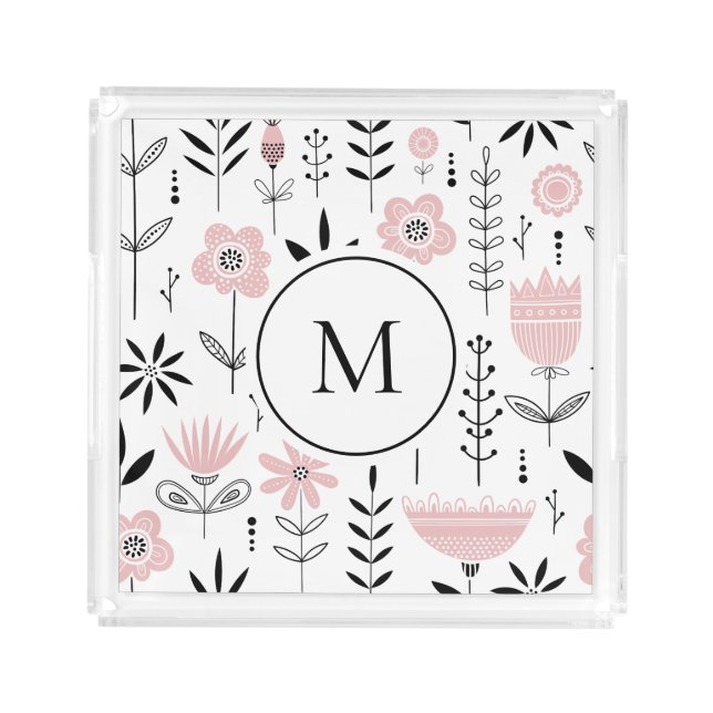 Pink Scandinavian Floral Pattern Monogram Acrylic Tray (Front)