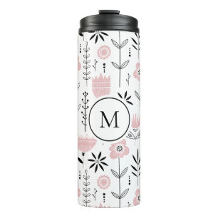 Pink Scandinavian Floral Pattern Monogram Thermal Tumbler