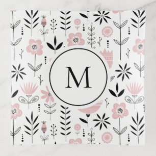 Pink Scandinavian Floral Pattern Monogram Trinket Tray