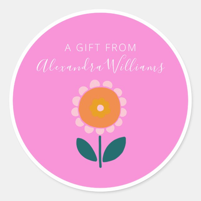 Pink Scandinavian Flower Personalized A Gift From Classic Round Sticker (Front)