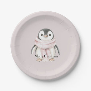 Pink Scarf Penguin Christmas Paper Plates