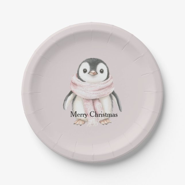 Pink Scarf Penguin Christmas Paper Plates (Front)